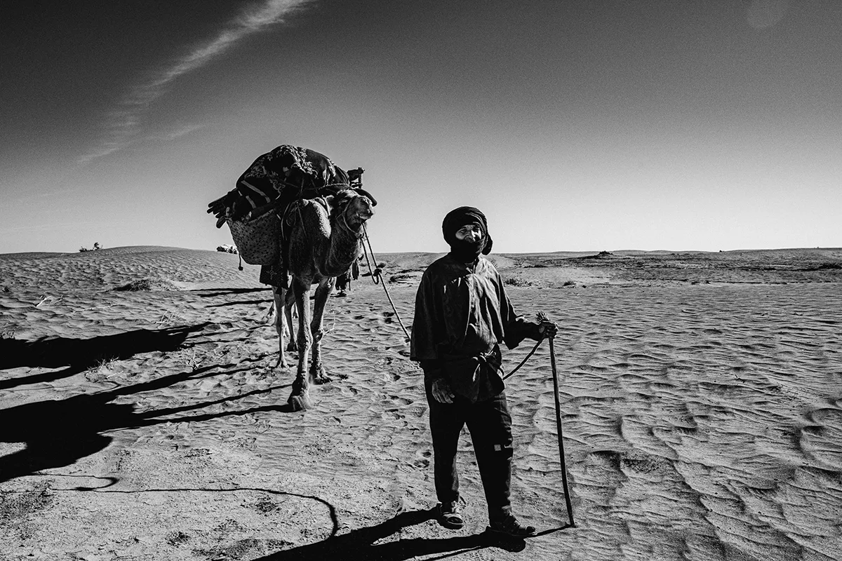 Caravane de dromadaires dans le désert pendant une retraite yoga au Maroc